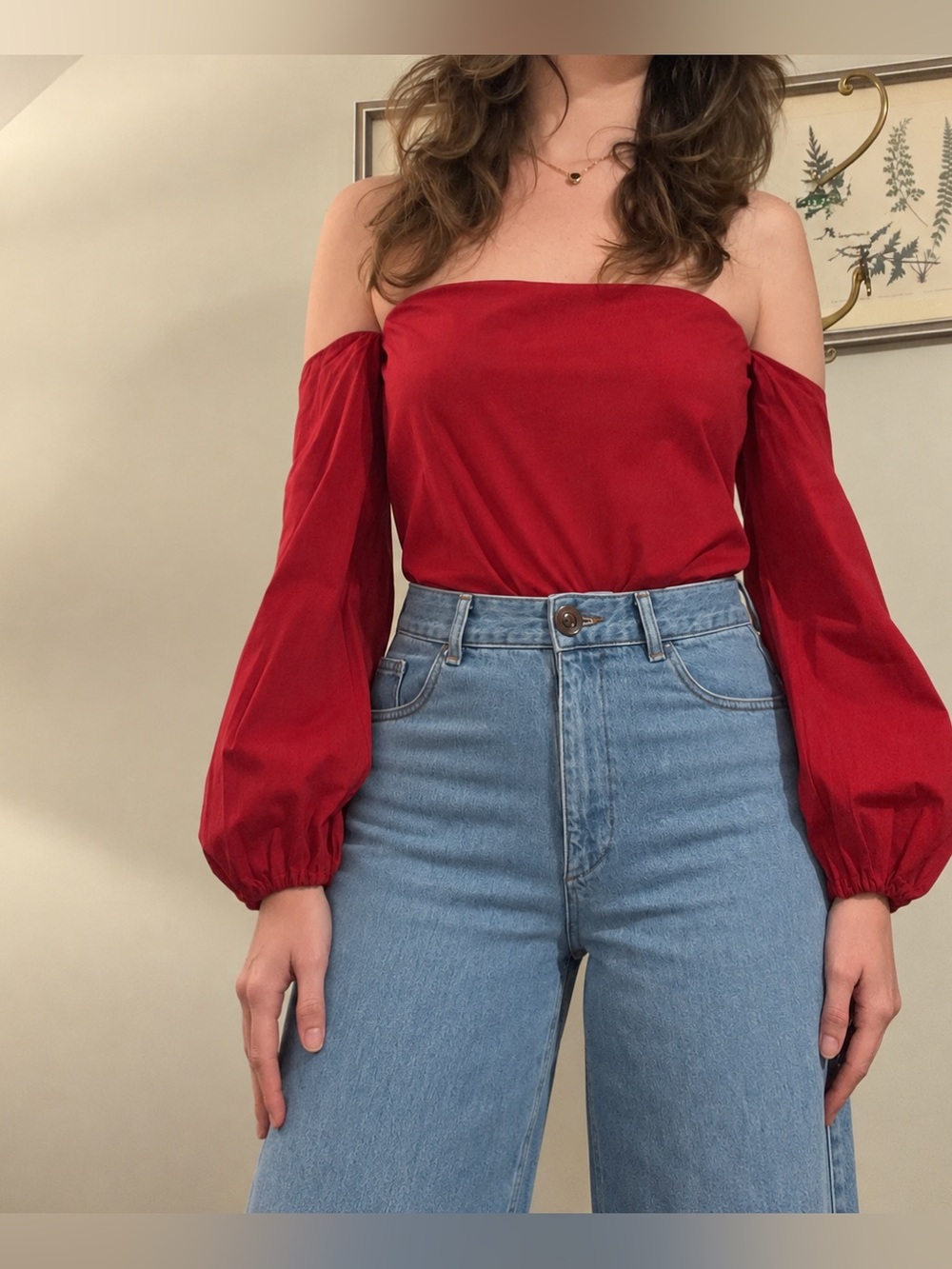 Theory Laureema Red Off-Shoulder Balloon Sleeve Blouse Size 8